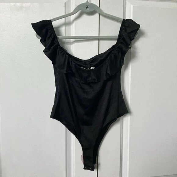 For Love & Lemons Scivvies Bodysuit Black Silk Blend Ruffle Off Shoulder Tank - Picture 5 of 8